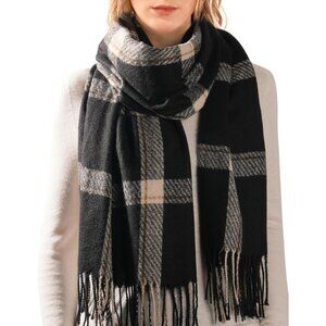 Women Black Winter Scarf for Shawl Soft Tassel Plaid Large Oversized Scarves
